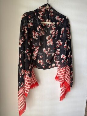 Tory Burch black woven scarf with red stripes and floral design